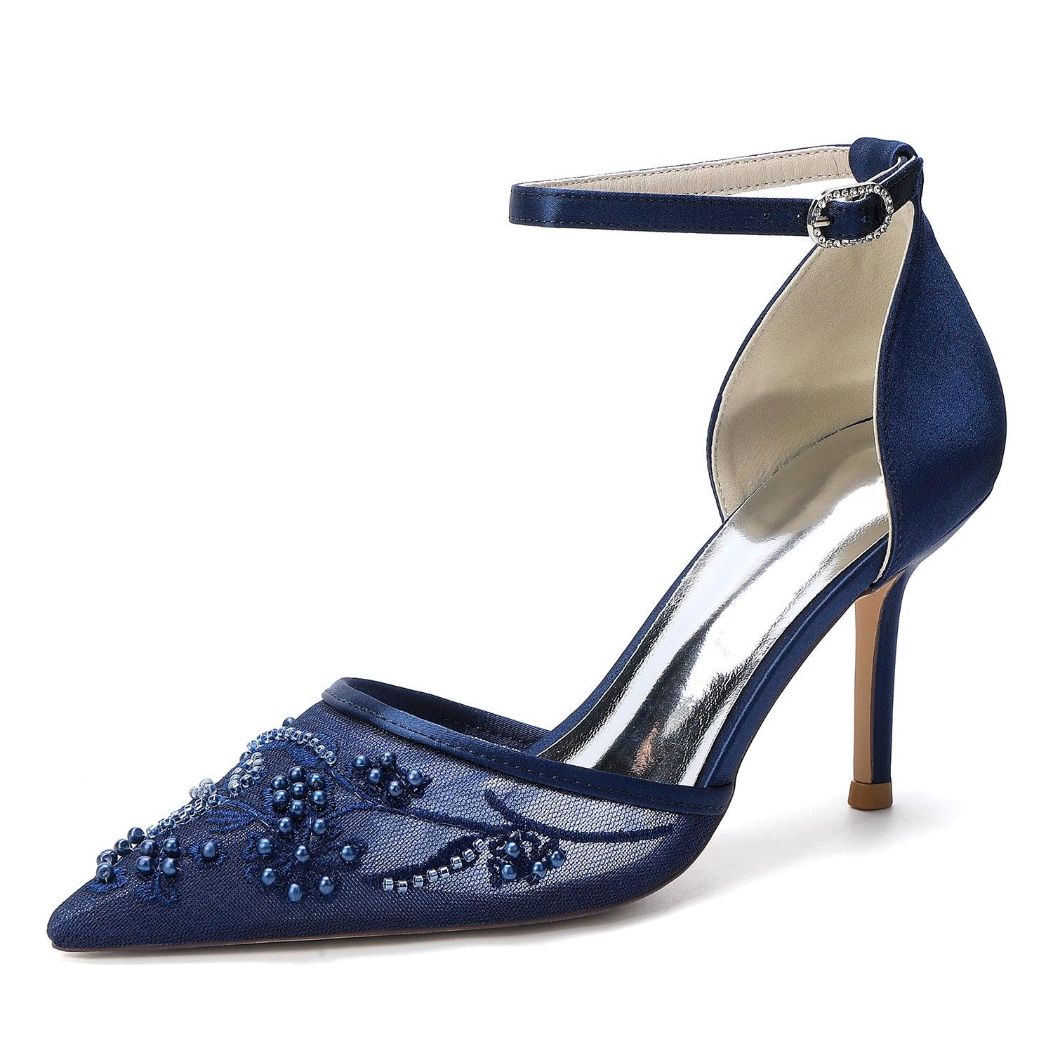 Stiletto Heel 8.5cm Lace Silk-Like Pearl Embroidered Mesh Shoes CK0489 - 10 Days / Dark Blue / 35 - COCOMELODY